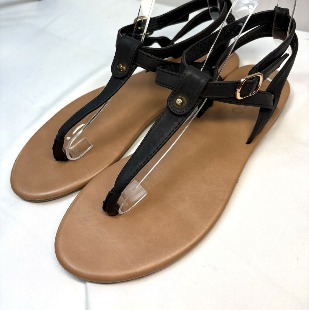 COLGO Black Tan Faux Leather Thong Flat Ankle Strap Buckle Sandals Womens 8.5
